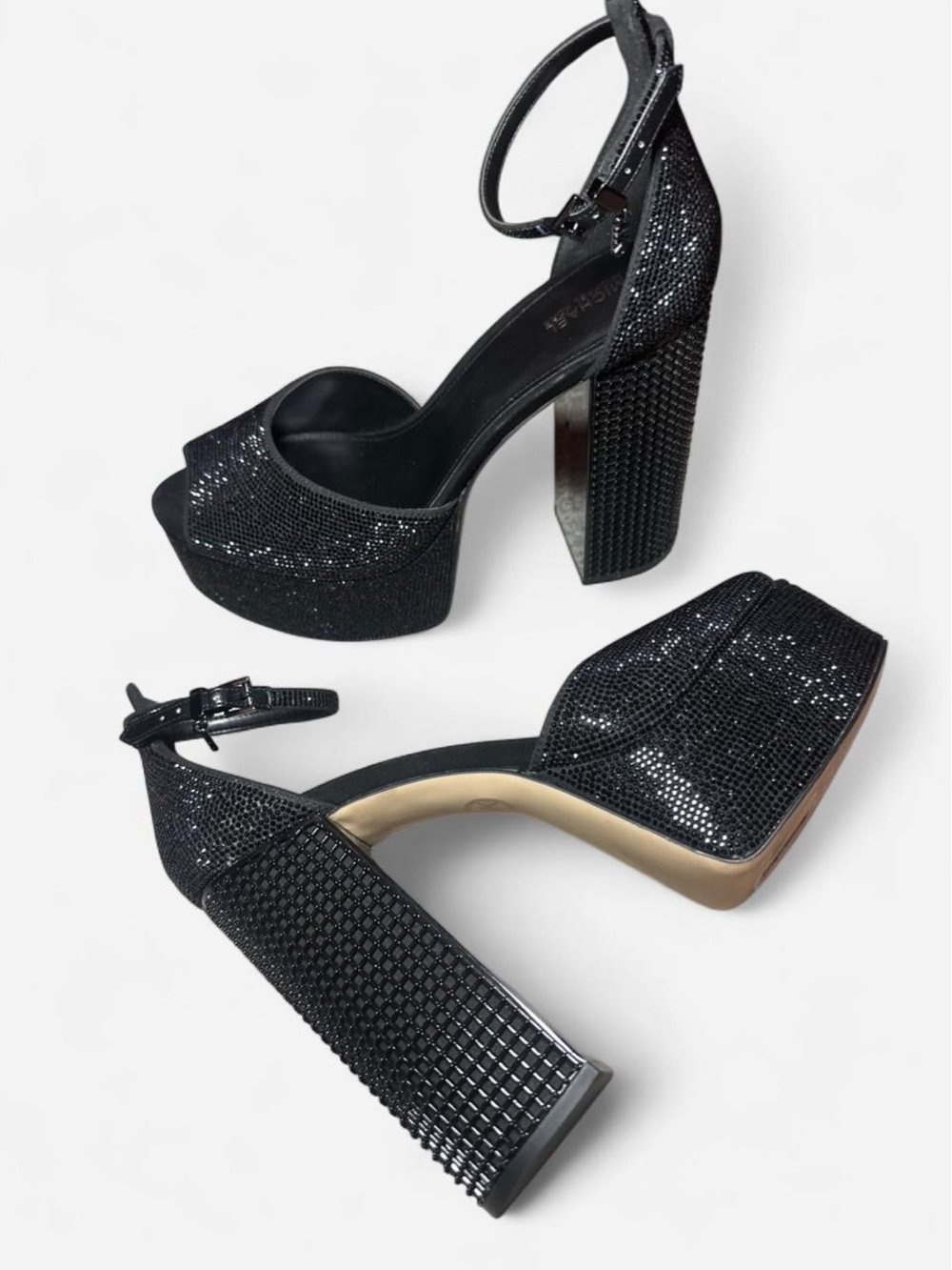 MICHAEL Michael Kors Black Glitter Platform Block Heel Sandals - Picture 2 of 8